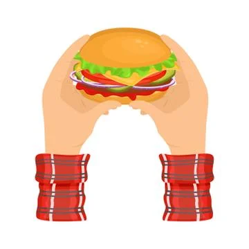 Delicious hamburger with cutlet in the hands. Illustrazione stock