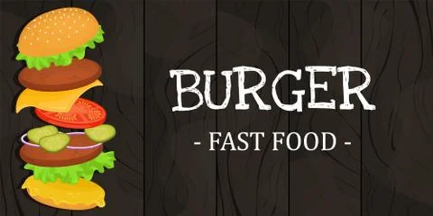 Delicious hamburger with cutlet. Vector illustration of fast food. Junk food. Stock Illustration