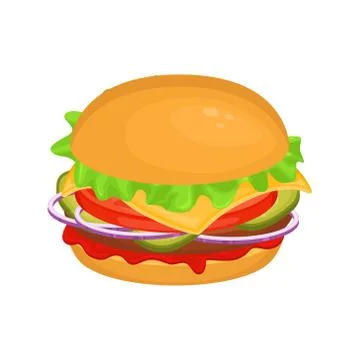 Delicious hamburger with cutlet. Vector illustration of fast food. Junk food. Illustrazione stock