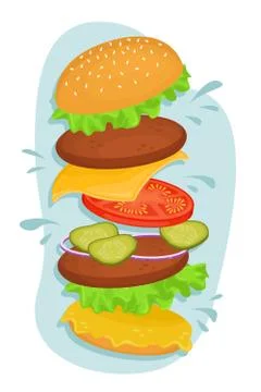 Delicious hamburger with cutlet. Vector illustration of fast food. Junk food. 스톡 일러스트