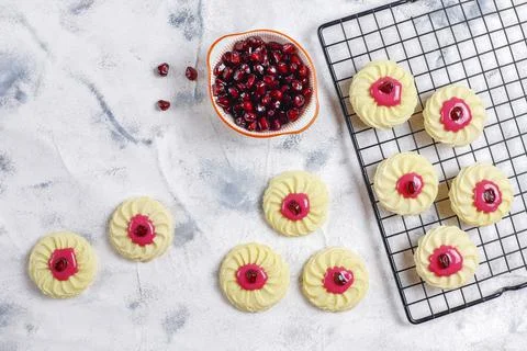 Delicious homemade cookies with pomegranate seeds. Stock Photos