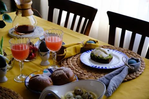 Delicious, homemade easter breakfast. happy easter. Stock Photos