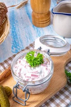 Delicious homemade meat salad with mayonnaise and cucumber delicious homem... Stock Photos