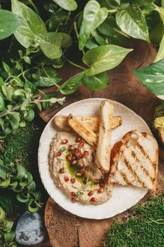 Delicious hummus served with grilled bread pomegranate in a lush, green setting Stock Photos