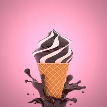 Delicious ice cream cone with splash of brownish hot  chocolate cone isolated Stock Illustration