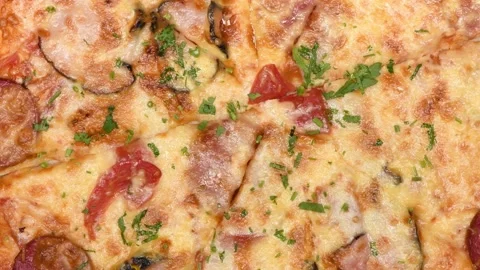 Delicious italian pizza close up. Loop motion. Top view. Rotation 360 Stock Footage 161082458