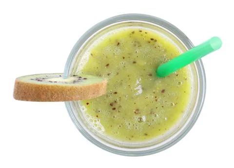Delicious kiwi smoothie isolated on white, top view Stock Photos
