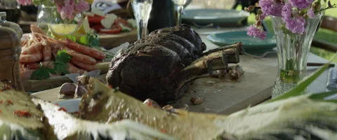Delicious lamb chops and prawns on table Stock Footage 67289507