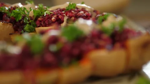 Delicious looking beetroot salad dish on potatoes Stock Footage 327837595