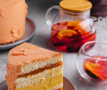 Delicious mango and passion fruit mousse cake Stock Photos