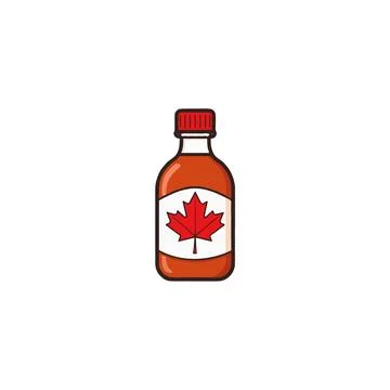 Delicious maple syrup icon in transparent bottle with a red maple leaf as l.. Stock Illustration