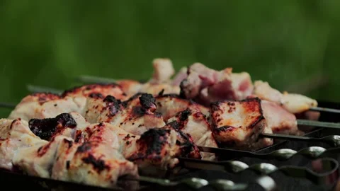 Delicious marinated meat pieces sizzling on metal skewers over hot coals, Stock-Footage 339865636
