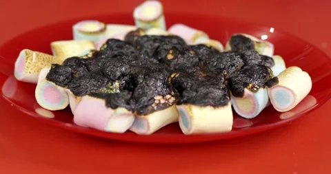 Delicious marshmallows turned to coals. Video stock 166554477