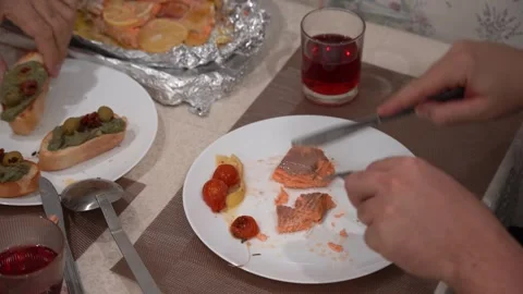 A Delicious Meal Spread Featuring Salmon, Garnishes, and Savory Appetizers Being Stock Footage 321051241