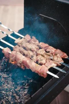 Delicious meat cooked on the fire. Stock Photos