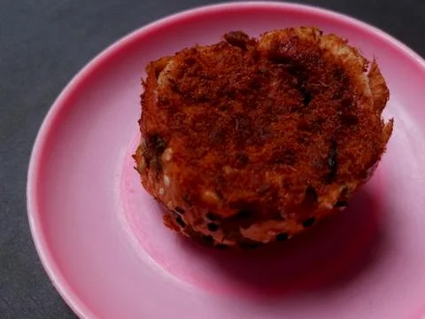 Delicious Meat Floss Bread on a Pink Plate Stock Photos