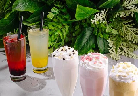Delicious Milkshakes And Bubble Tea Drinks Assortment Stock Photos