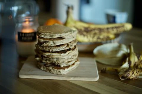Delicious Mini Pancakes Served on Wooden Tray Stock Photos