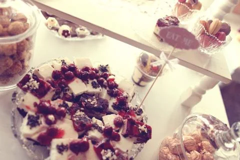 Delicious mix of sweets on table 스톡 사진