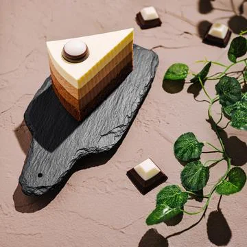 Delicious multi-layered cake slice on slate board with chocolates 写真素材