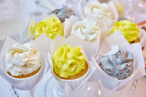 Delicious multicolored cupcakes on a white table. Stock Photos