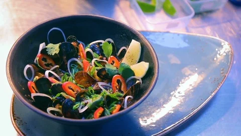 Delicious mussels dish presentation Stock Footage 83045023