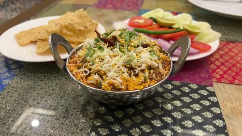 The delicious mutton rara masala served with papad and salad. Stock Footage 279972847