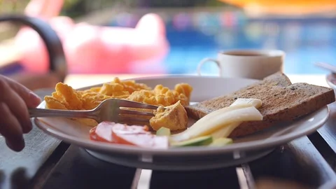 Delicious nutritious omelette with a fork, close-up. Slow motion. HD, 1920x1080 Stock Footage 88325165