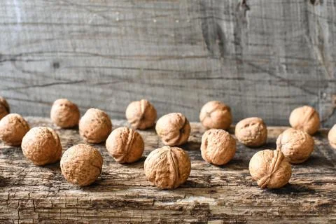 Delicious nuts and nutcrackers on an old wooden table, copyspace, set Foto stock