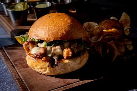 Delicious octopus burger with chips Stock Photos