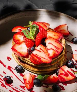 Delicious pancake stack topped with fresh strawberries and blueberries Stock Photos