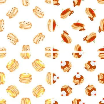 Delicious pancakes seamless pattern with different toppings repeating on white 스톡 일러스트