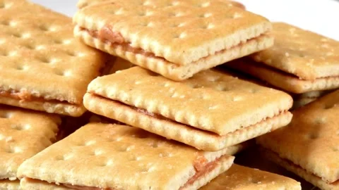 Delicious peanut butter crackers stack up and look appetizing at close range. Stock Footage 311043660