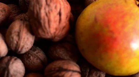 Delicious Pear and Big Walnut on a Brown Background 스톡 동영상 59086919