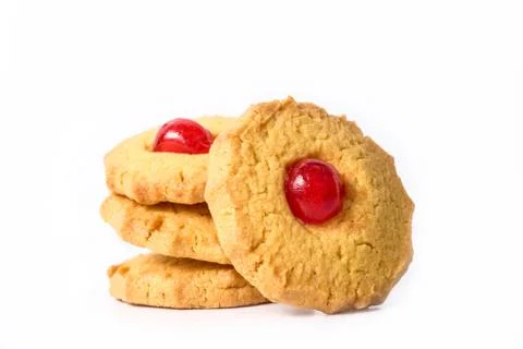 Delicious piece of pastry with cherry isolated on white backgrou Stock Photos