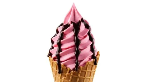 Delicious pink soft serve ice cream cone with rich chocolate syrup drizzle .. Stock Illustration