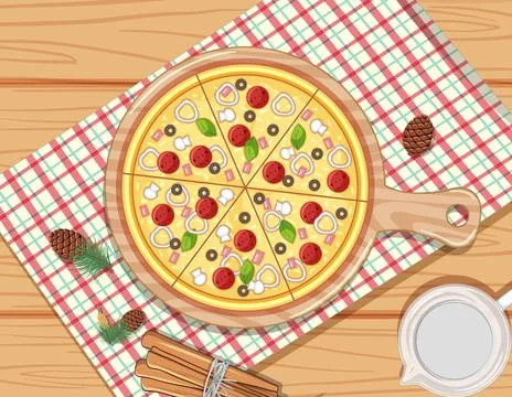 Delicious Pizza on Checkered Tablecloth Stock Illustration