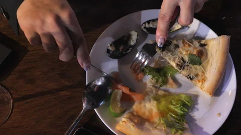 Delicious pizza eating process. Stock Footage 143318459