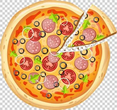 Delicious pizza with a missing slice showing pepperoni, tomatoes, olives, a.. Stock Illustration