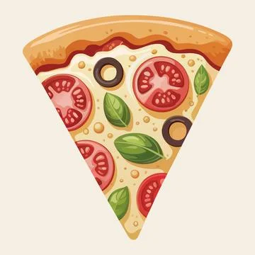 Delicious Pizza Slice with Tomato, Basil, and Olives Stock Illustration