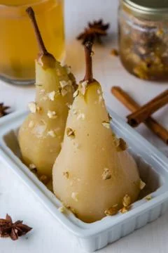 Delicious poached pears Stock Photos