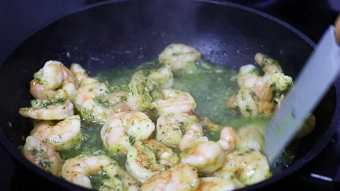 Delicious Prawns On Fried Pan. Stock Footage 266688183