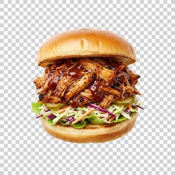 Delicious pulled chicken sandwich packed with shredded meat and slaw. Фото