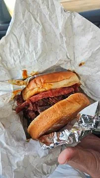 A delicious pulled pork sandwich on a soft bun, topped with crisp coleslaw. W Stock Photos