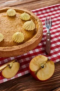 Delicious pumpkin pie apples fork Stock Photos