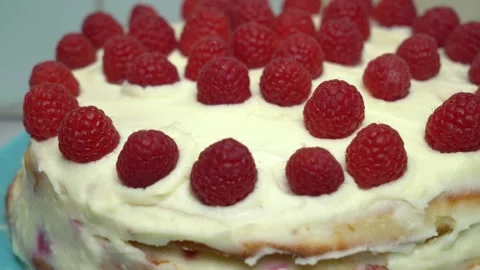 Delicious raspberry cake close up Stock Footage 172290485