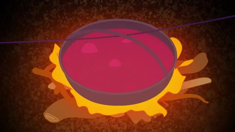 Delicious raspberry jam boiling in a cauldron on open fire. Summer camping in Stock Footage 249046669