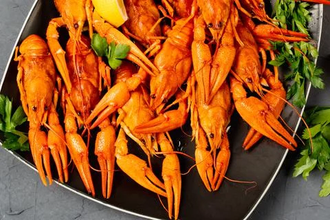 Delicious red boiled crayfish on a gray table, with parsley and lemon. top vi Stock-Fotos