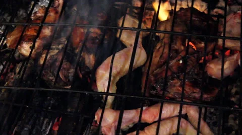 Delicious roasted meats on the barbecue Stock Footage 34404385