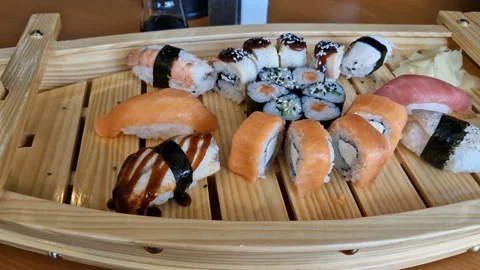 Delicious rolls, sushi close-up. Cafe Stock Footage 240090518